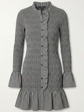 J. Crew Gingham Ruffle-Trim Long Sleeve Mini Dress